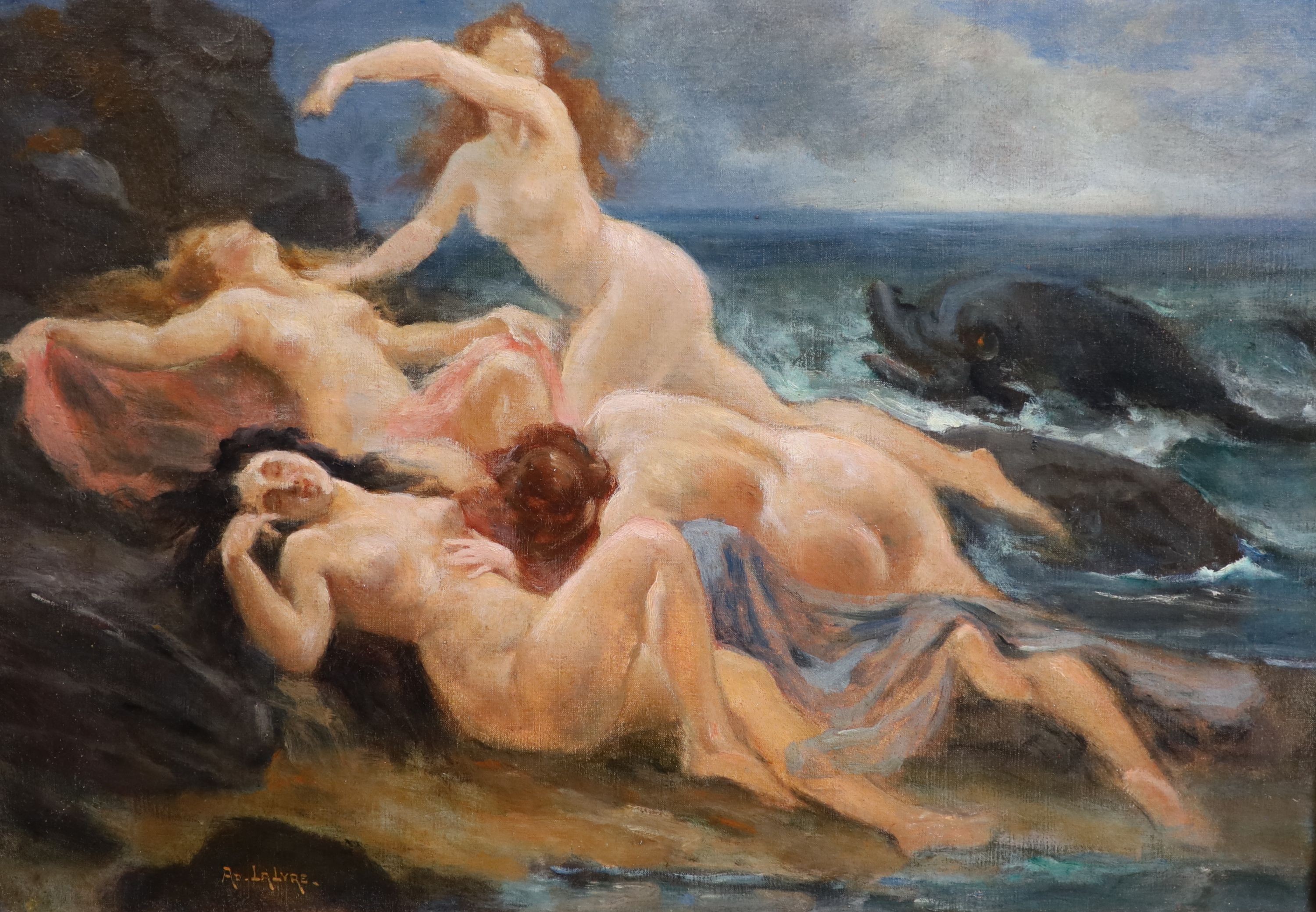 Adolphe Lalyre (French, 1848-1933), Sirens and dolphin beside rocks, oil on canvas, 55 x 79cm